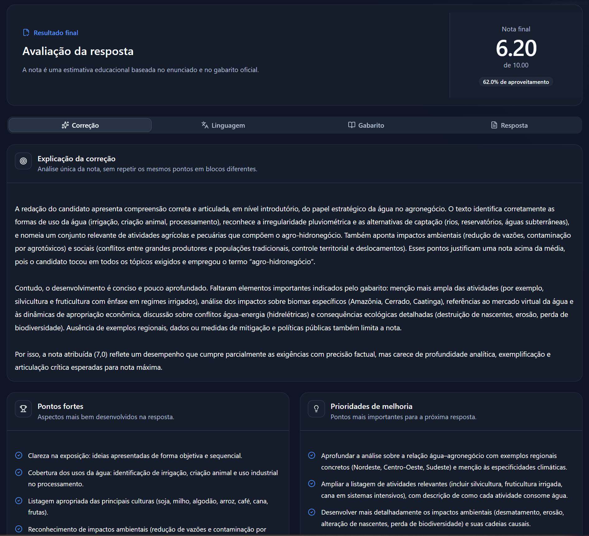 Tela da plataforma Simples Aprova.AI mostrando o feedback de uma resposta discursiva