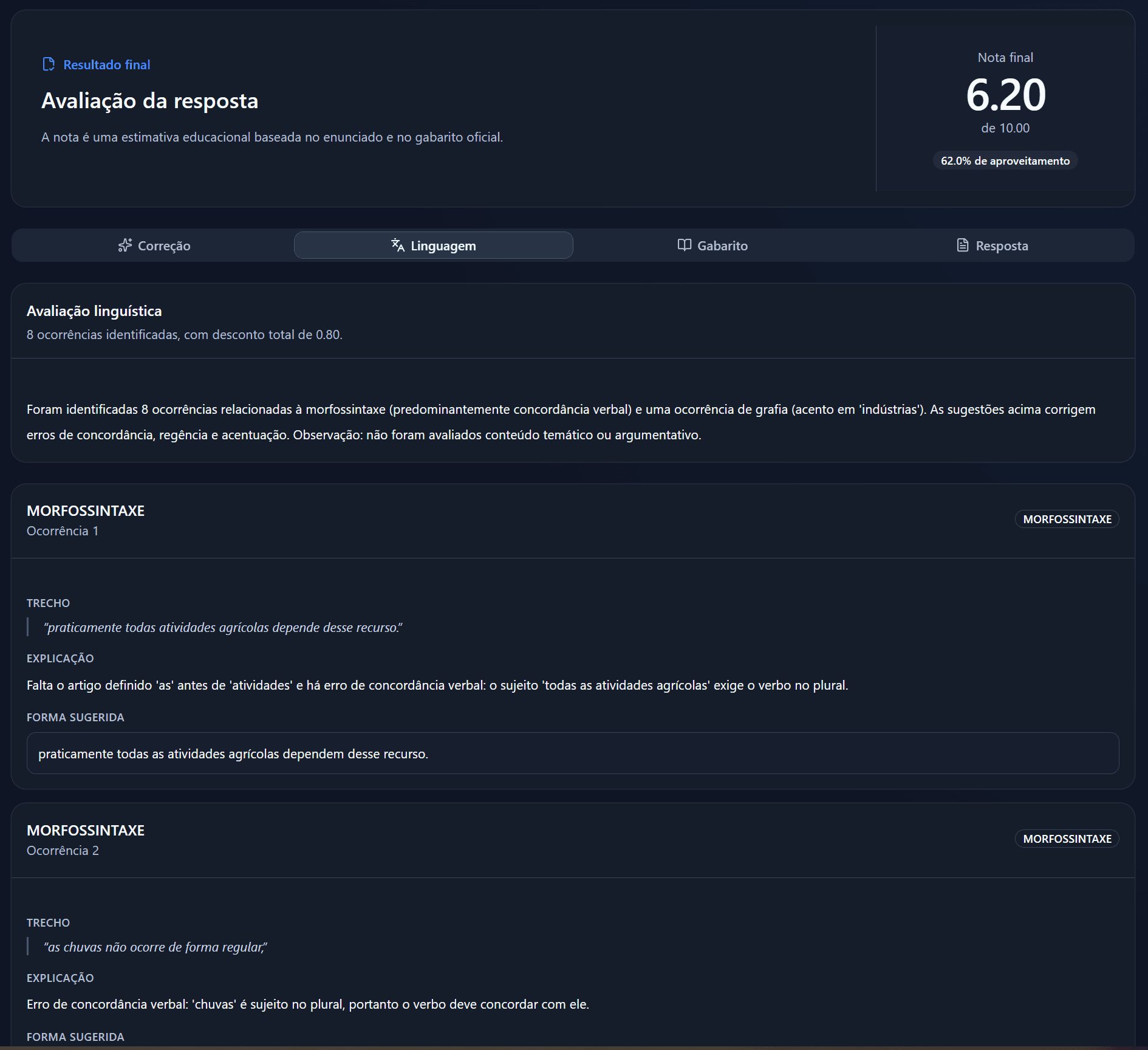Tela real do sistema mostrando o feedback completo de uma resposta