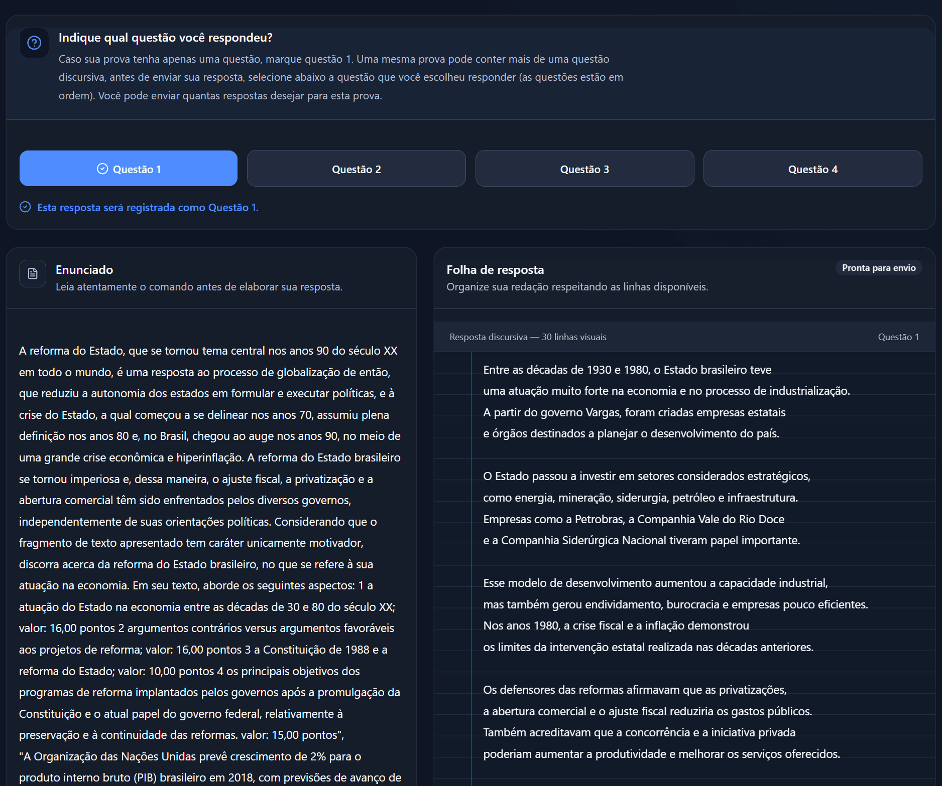 Tela real do sistema para responder questões discursivas